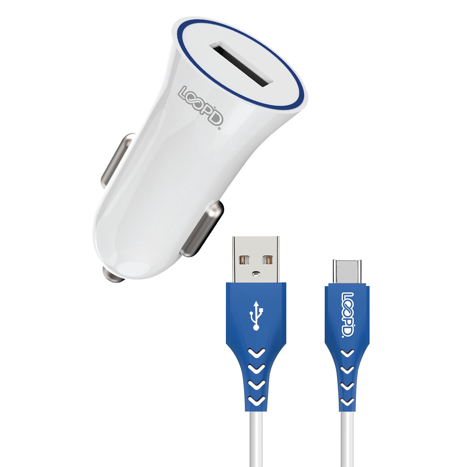Loopd 10.5W Single USB Port Car Charger plus 1.2m USB to Type C Cable (Blue and White)