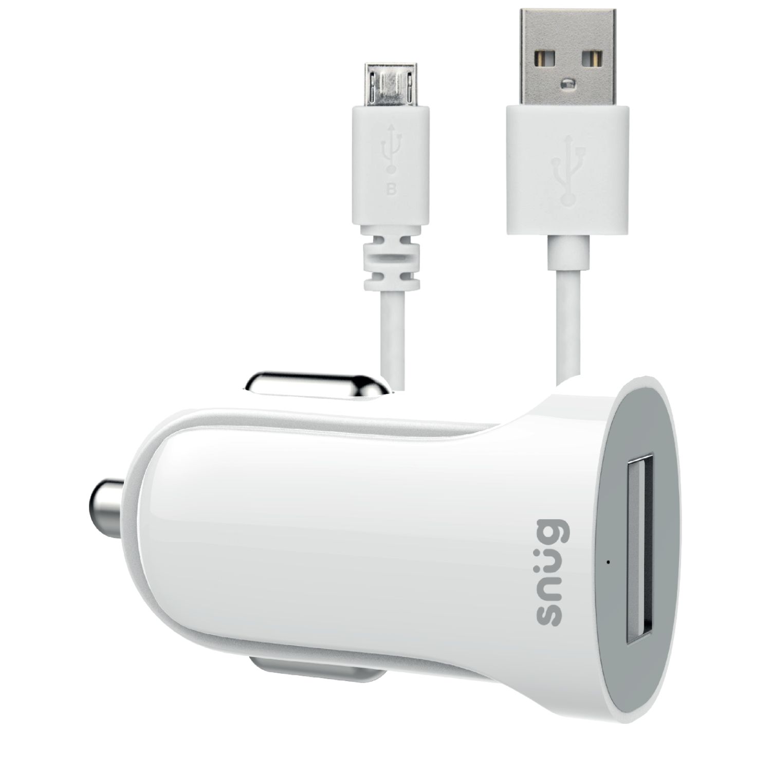 Snüg Lite 10.5W Single USB Port Car Charger plus 1.2m USB to Micro USB Cable (White)
