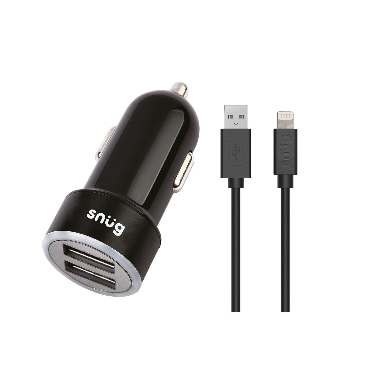 Snüg Car Juice 17W Dual USB Port Fast Charging Car Charger plus 1.2m USB to Lightning Cable (Black)