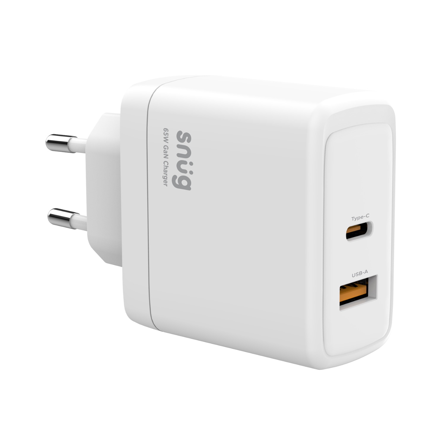 Snüg 65W Dual Port (1 USB and 1 Type C) PD and GaN Ultra Fast Charging Wall Charger (White)
