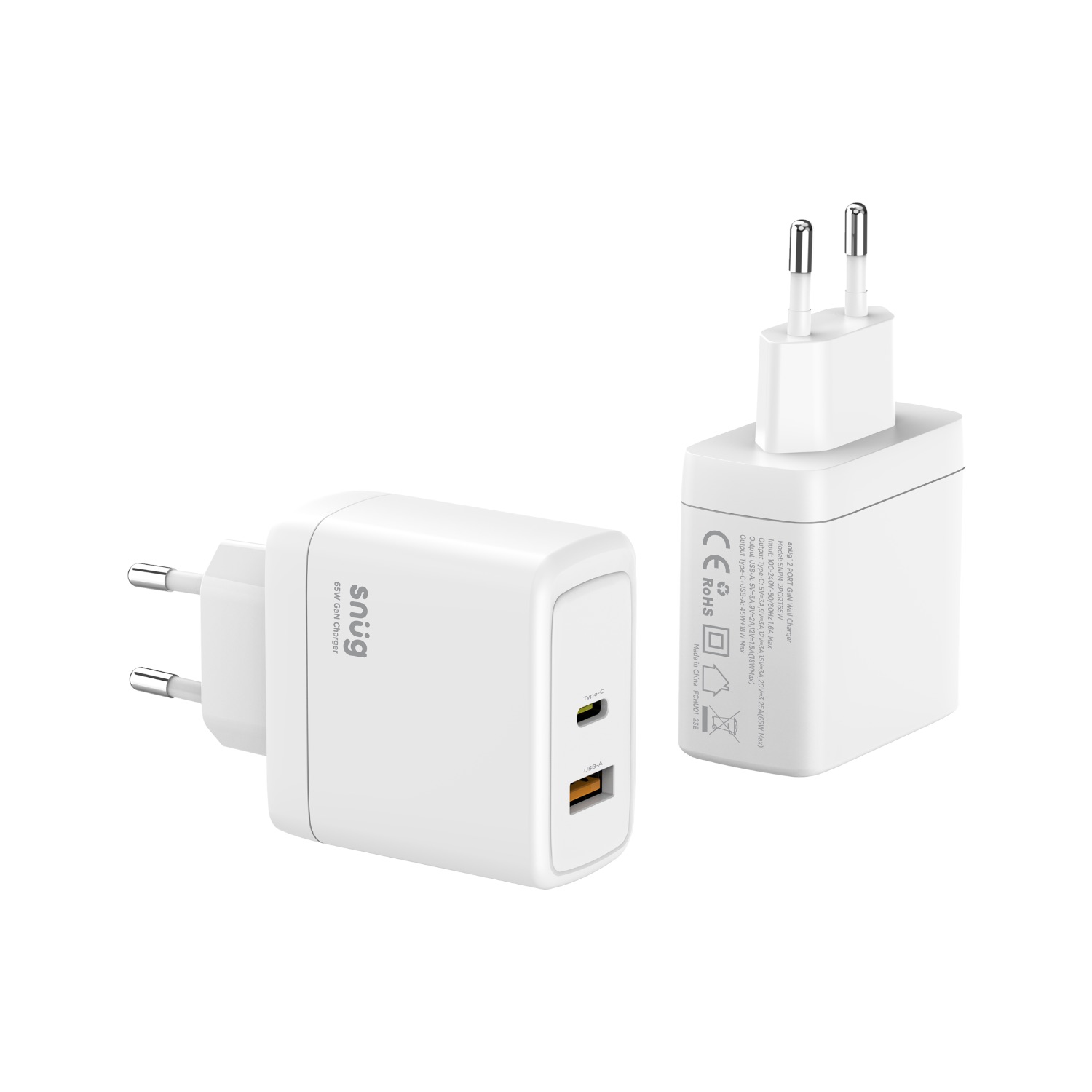 Snüg 65W Dual Port (1 USB and 1 Type C) PD and GaN Ultra Fast Charging Wall Charger (White) - Image 4