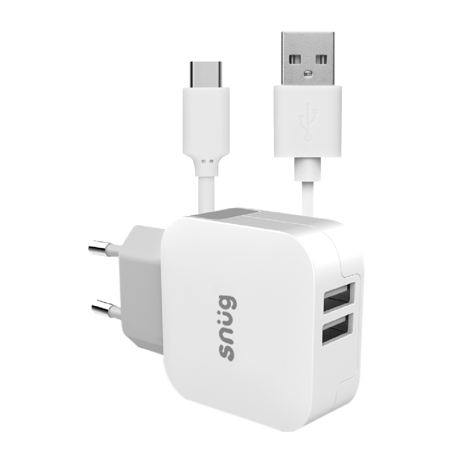 Snüg 17W Dual USB Port Wall Charger plus 1.2m USB to Type C Cable (White)