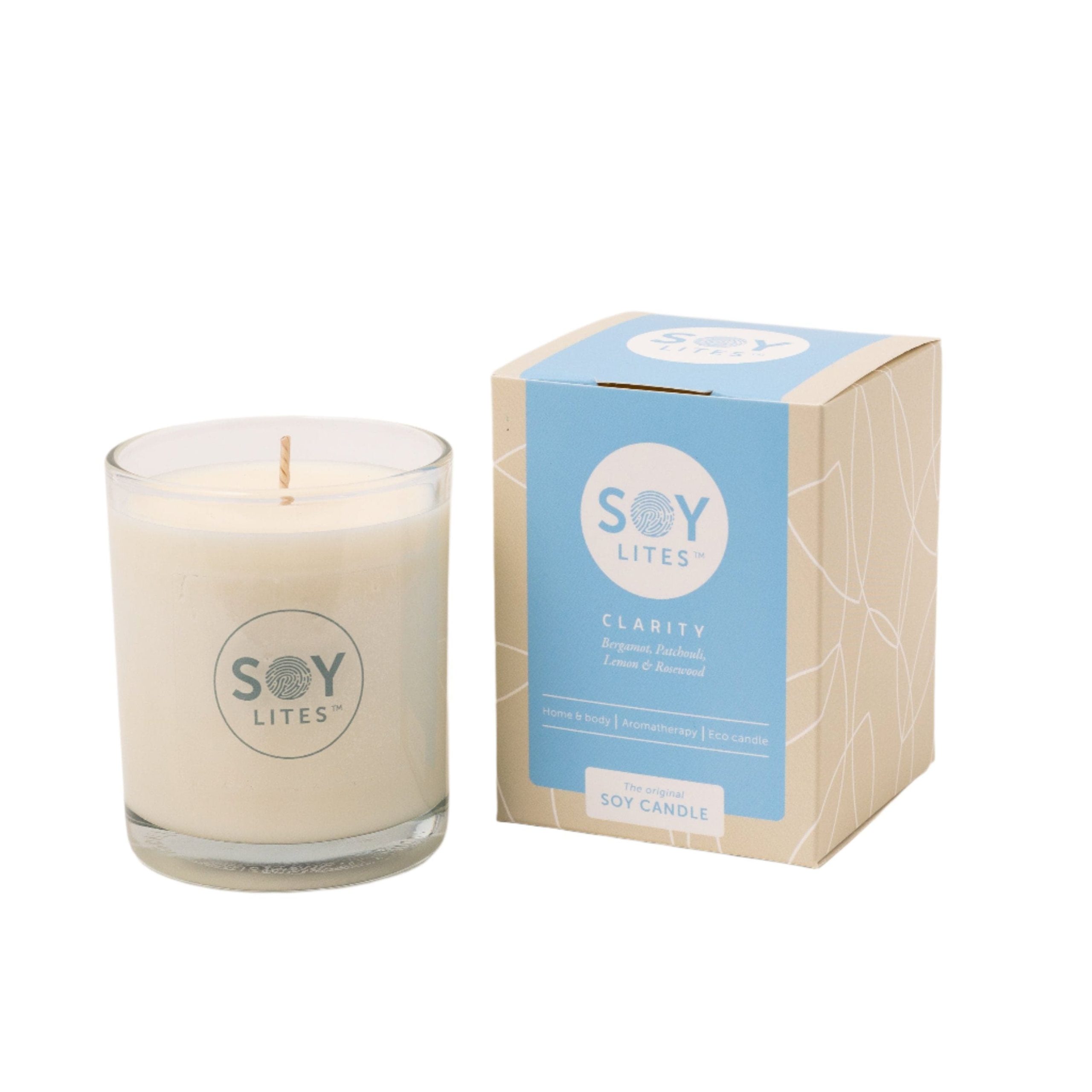 SoyLites CLARITY 220ml 50 Hour Burn Time Moisturising Soy Candle Tumbler with Bergamot, Patchouli, Lemon and Rosewood