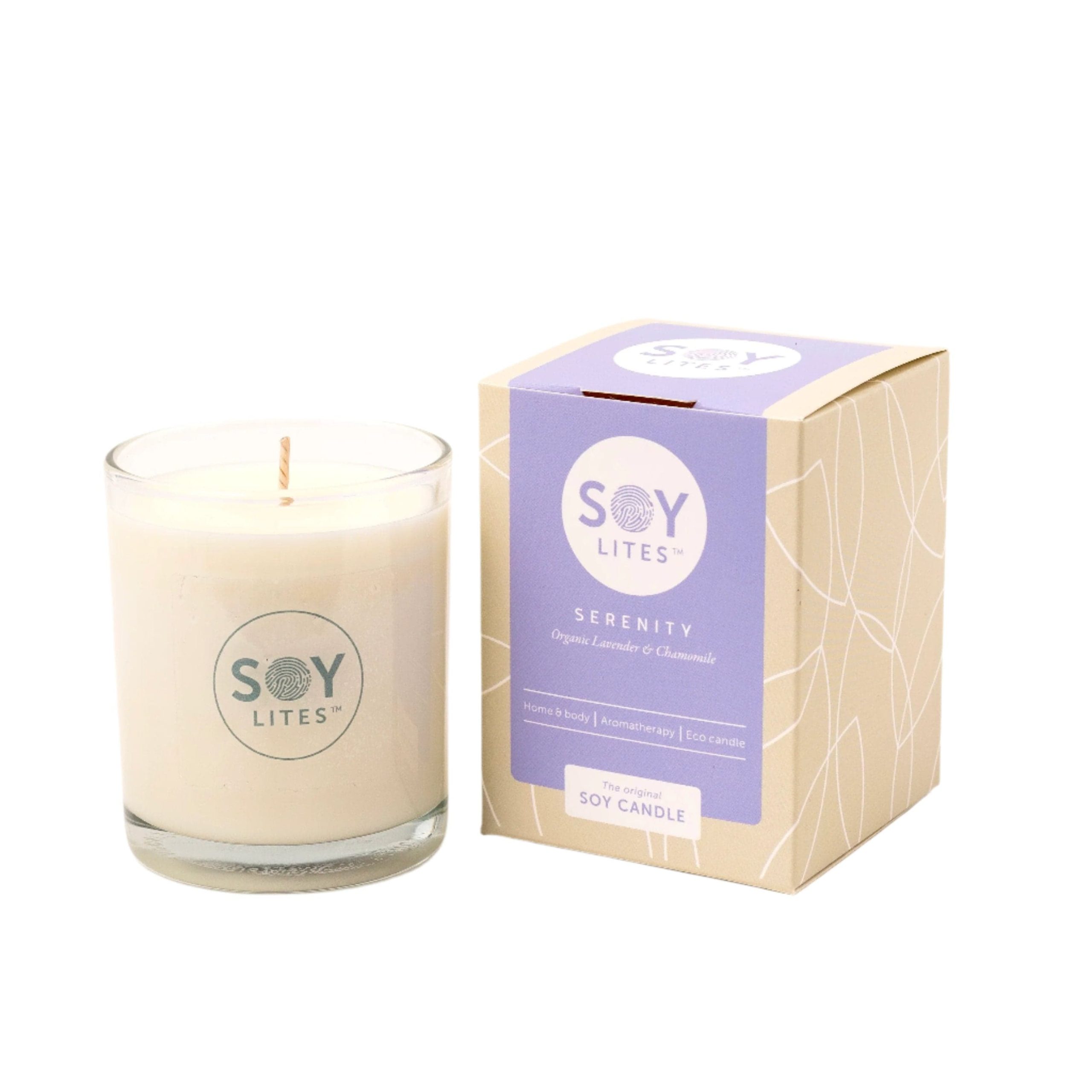 SoyLites SERENITY 70ml 18 Hour Burn Time Votive Moisturising Soy Candle with Organic Lavender and Chamomile