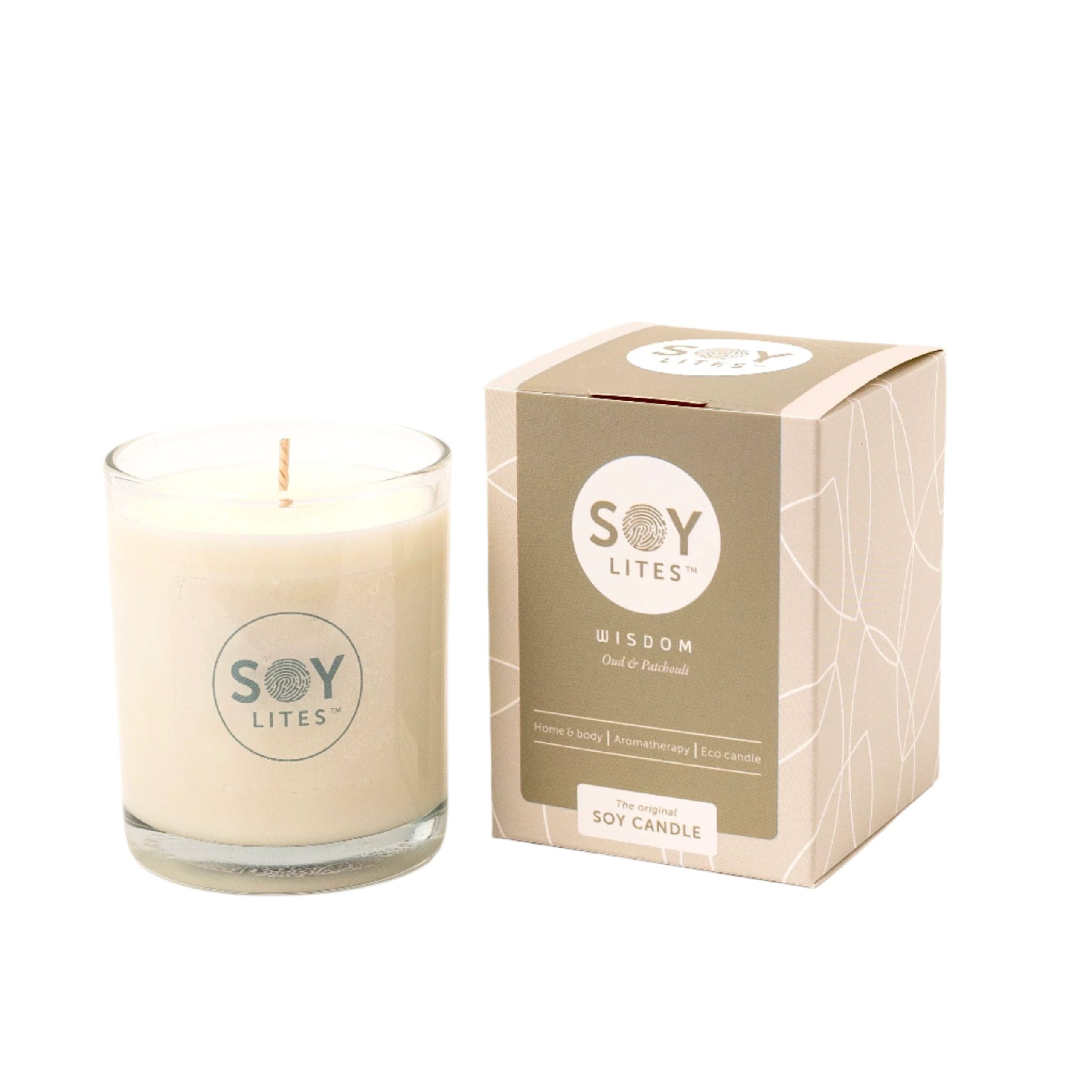SoyLites WISDOM 220ml 50 Hour Burn Time Moisturising Soy Candle Tumbler with Oud and Patchouli