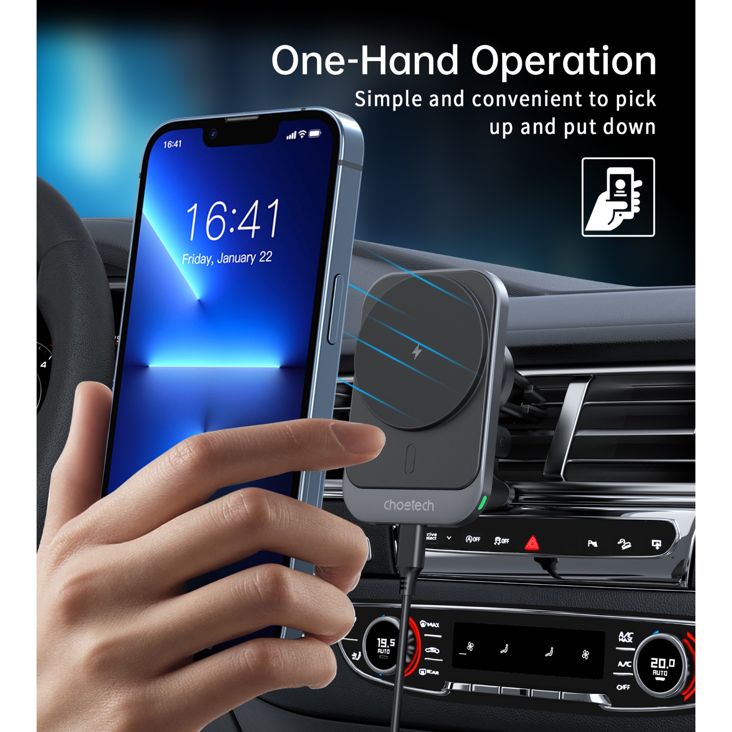 Choetech 15W Magnetic Wireless Charging Car Charger (Black) - Image 3