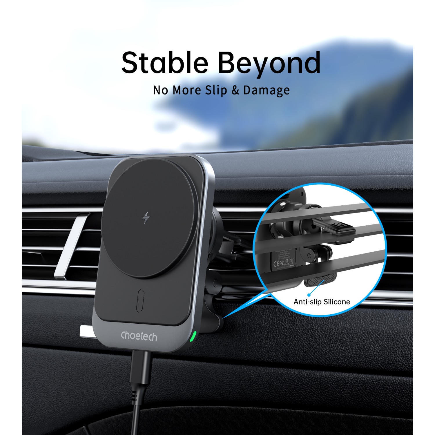 Choetech 15W Magnetic Wireless Charging Car Charger (Black) - Image 6