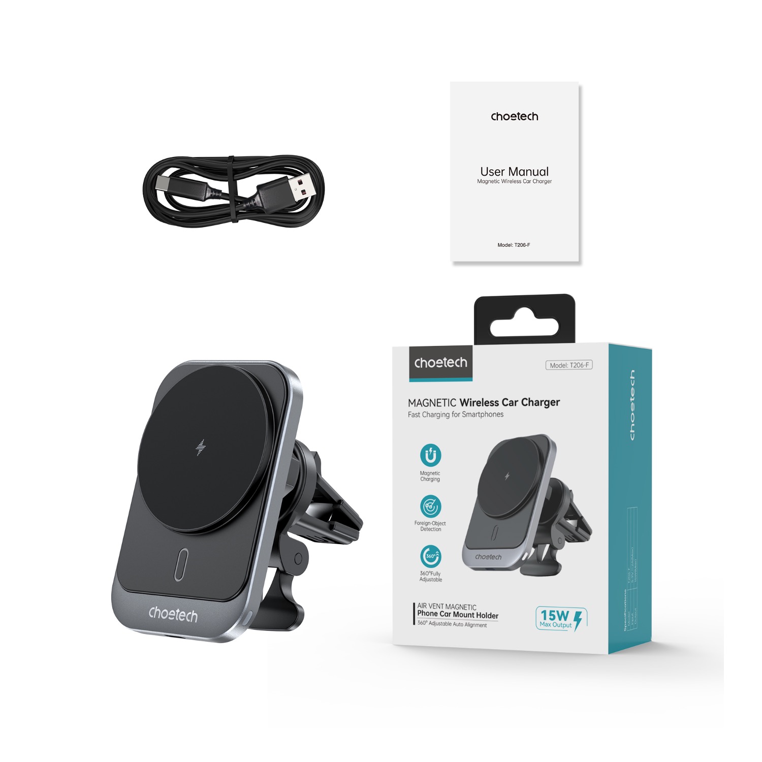Choetech 15W Magnetic Wireless Charging Car Charger (Black) - Image 10