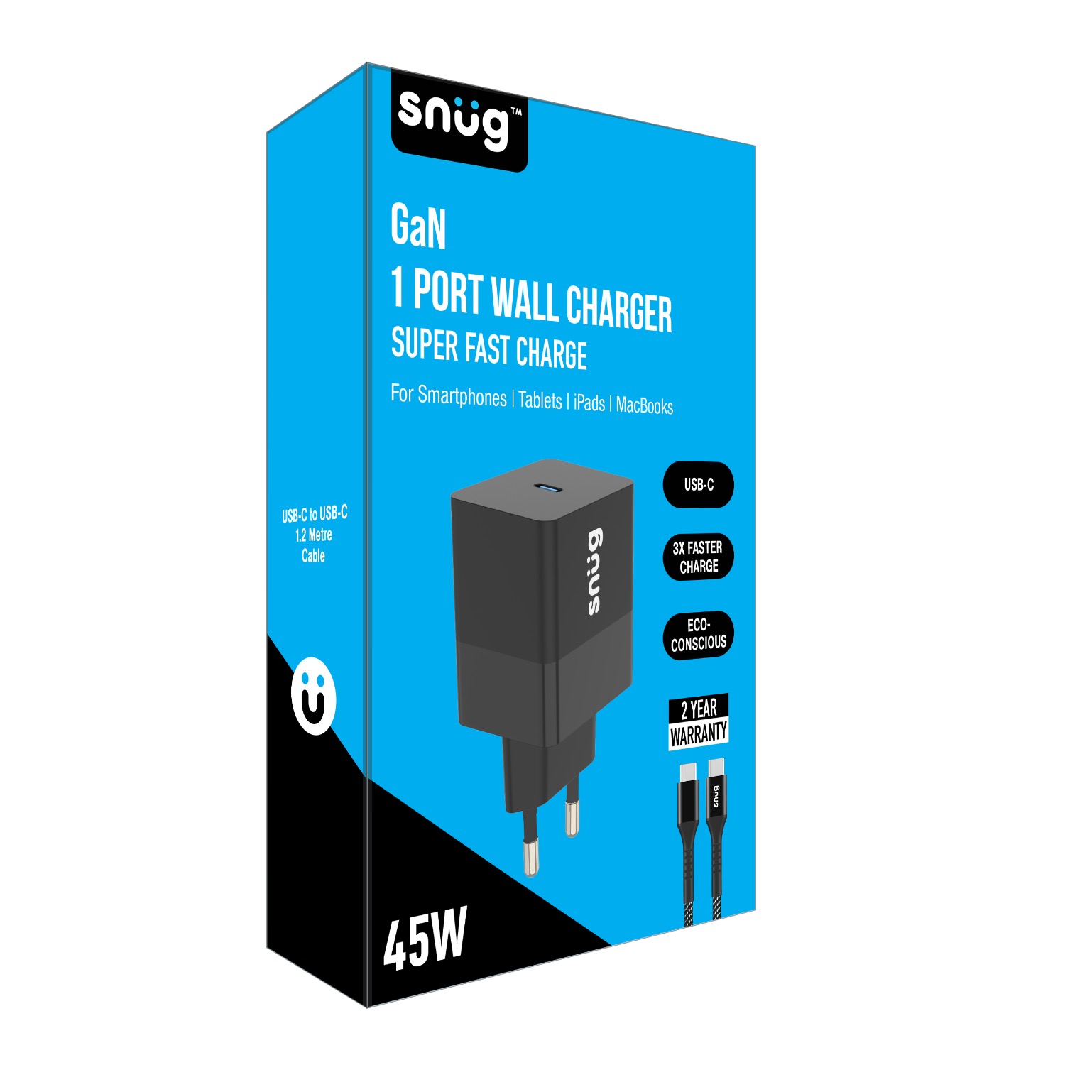 Snüg 45W Single Type C Port PD and GaN Ultra Fast Charging Wall Charger plus 1.2m Type C to Type C Cable (Black) - Image 6